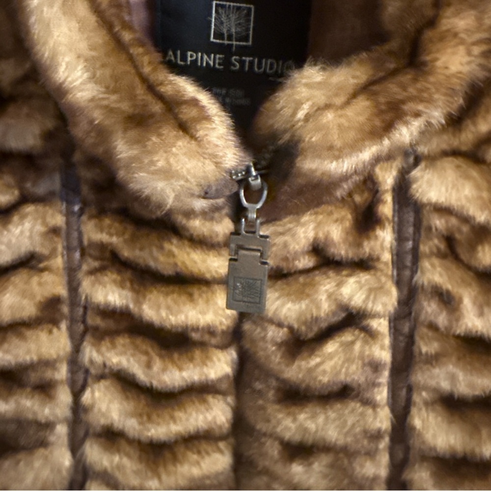 Alpine Studio Brown Faux Fur Jacket Ruched Distressed Faux Leather Trim Zipper - Picture 4 of 12